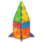 A tall rocket ship structure built with colorful, translucent magnetic tiles from the microMAGS 20 Piece Combo Set by Magna-Tiles, featuring a pointy top, stabilizing fins at the base, and alternating panels of green, orange, purple, and blue.
