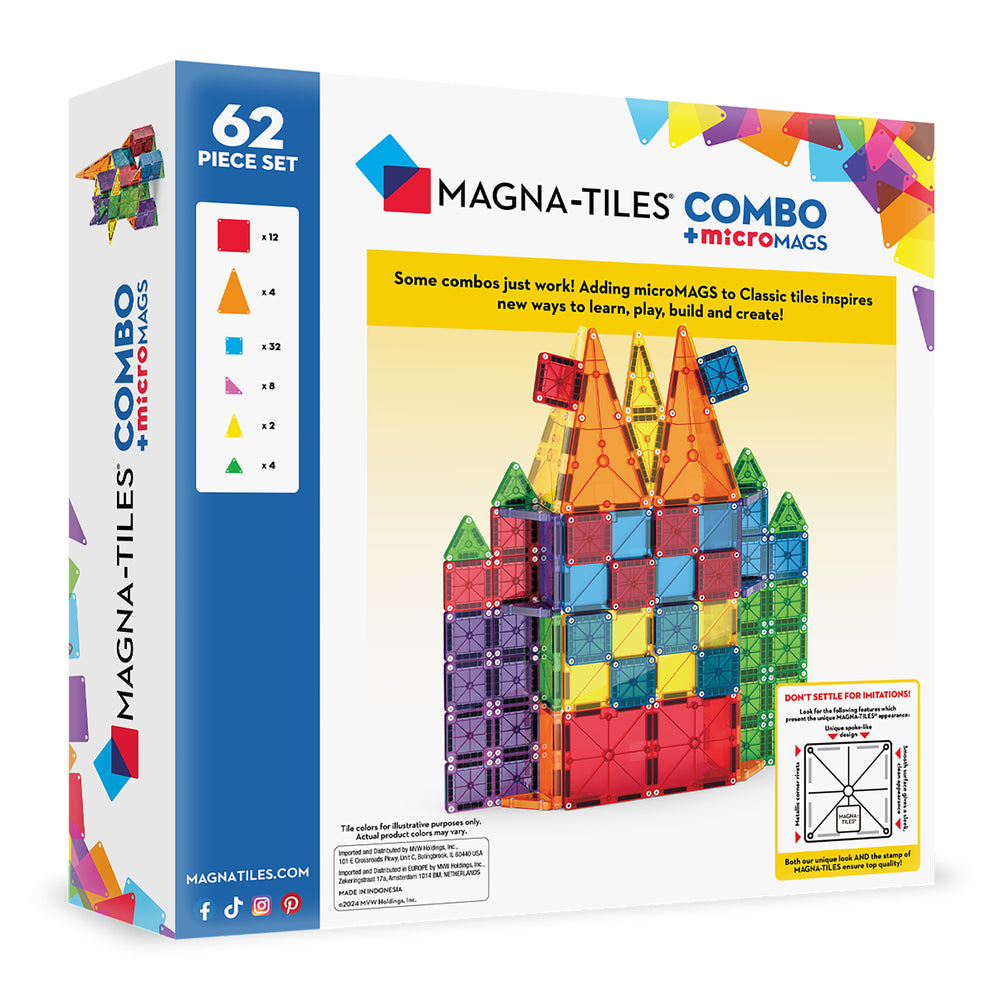The product packaging for the microMAGS 62 Piece Combo Set by Magna-Tiles shows an assembled colorful 3D magnetic tower structure made of standard and micro-sized translucent geometric tiles, set against a white background with safety warnings and branding visible on the box.