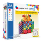 The product packaging for the microMAGS 62 Piece Combo Set by Magna-Tiles shows an assembled colorful 3D magnetic tower structure made of standard and micro-sized translucent geometric tiles, set against a white background with safety warnings and branding visible on the box.