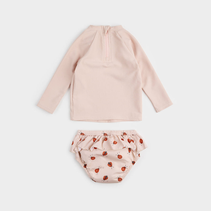 Ribbed Rose Rashguard Set With Lady Bug Swim Diaper by Petit Lem