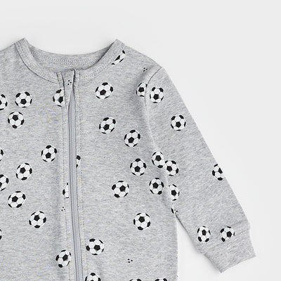 Footed Sleeper - Soccer Print on Heather Grey by Petit Lem