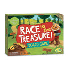 Board game box for 'Race to the Treasure!' with a cartoon gnome and treasure chest illustration on a green background.
