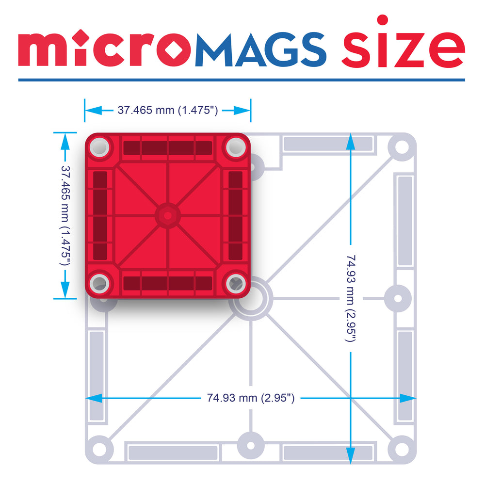 A product scale and size comparison diagram for microMAGS by Magna-Tiles, showing a smaller red square tile measuring 
37.465
 mm
37.465 mm (
1.475
 in
1.475 in) overlaid on top of a larger standard-sized tile outline measuring 
74.93
 mm
74.93 mm (
2.95
 in
2.95 in).