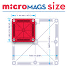A product scale and size comparison diagram for microMAGS by Magna-Tiles, showing a smaller red square tile measuring 
37.465
 mm
37.465 mm (
1.475
 in
1.475 in) overlaid on top of a larger standard-sized tile outline measuring 
74.93
 mm
74.93 mm (
2.95
 in
2.95 in).