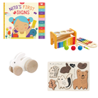 Collection of educational toys including a book, wooden toys, and a puzzle on a white background.