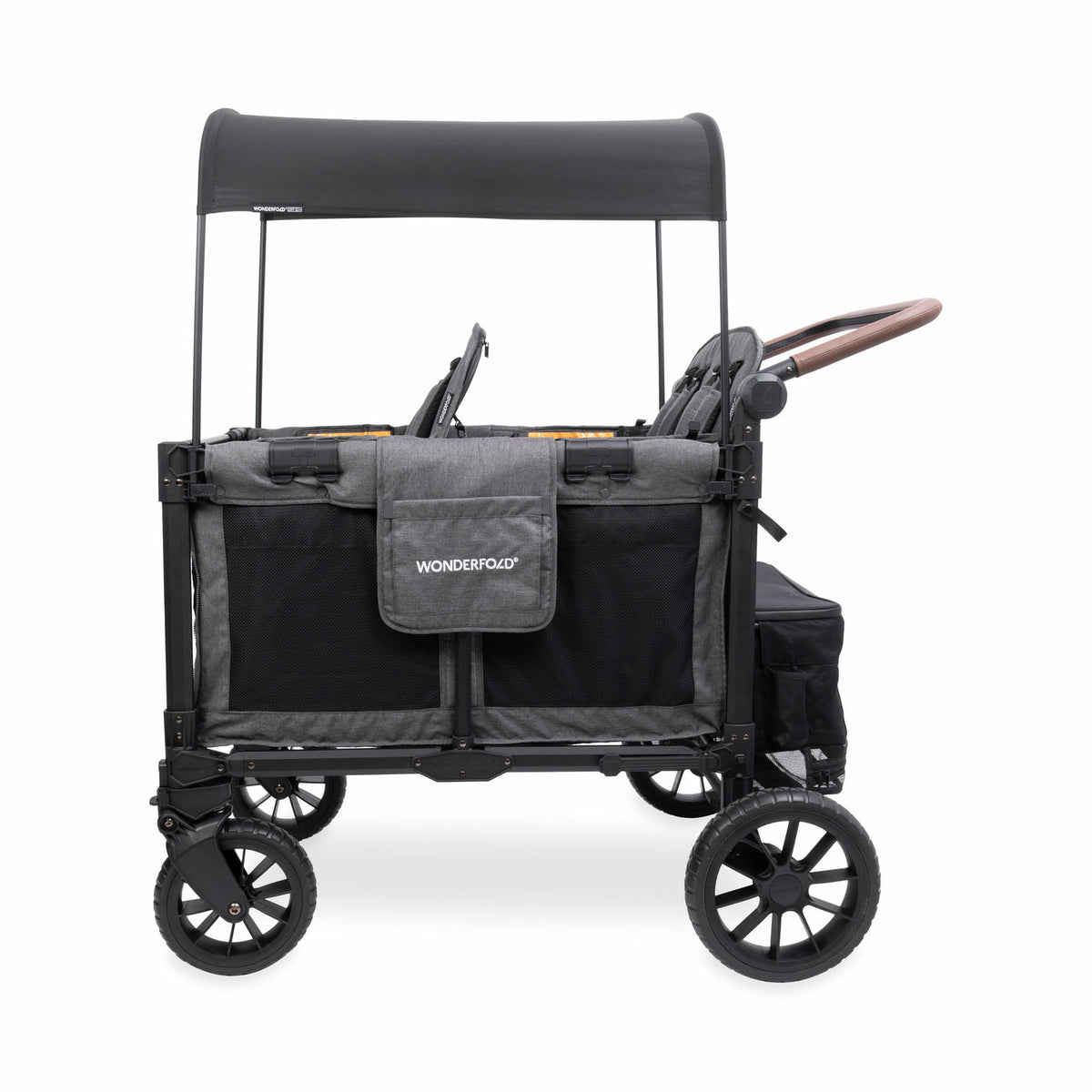 Black and gray WonderFold stroller wagon on a white background