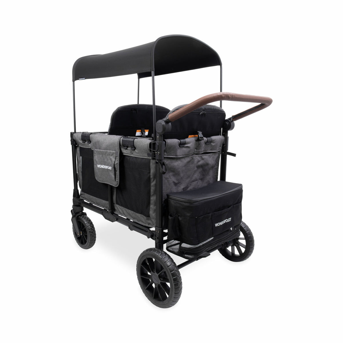 Black and gray stroller with canopy on a white background
