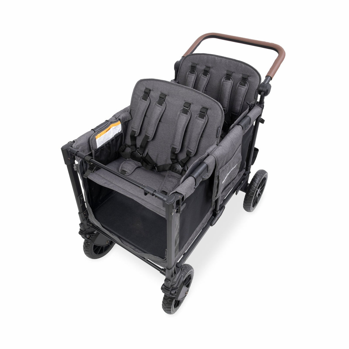 Double stroller with two gray seats on a white background