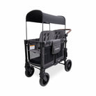 Black and gray stroller with canopy on a white background