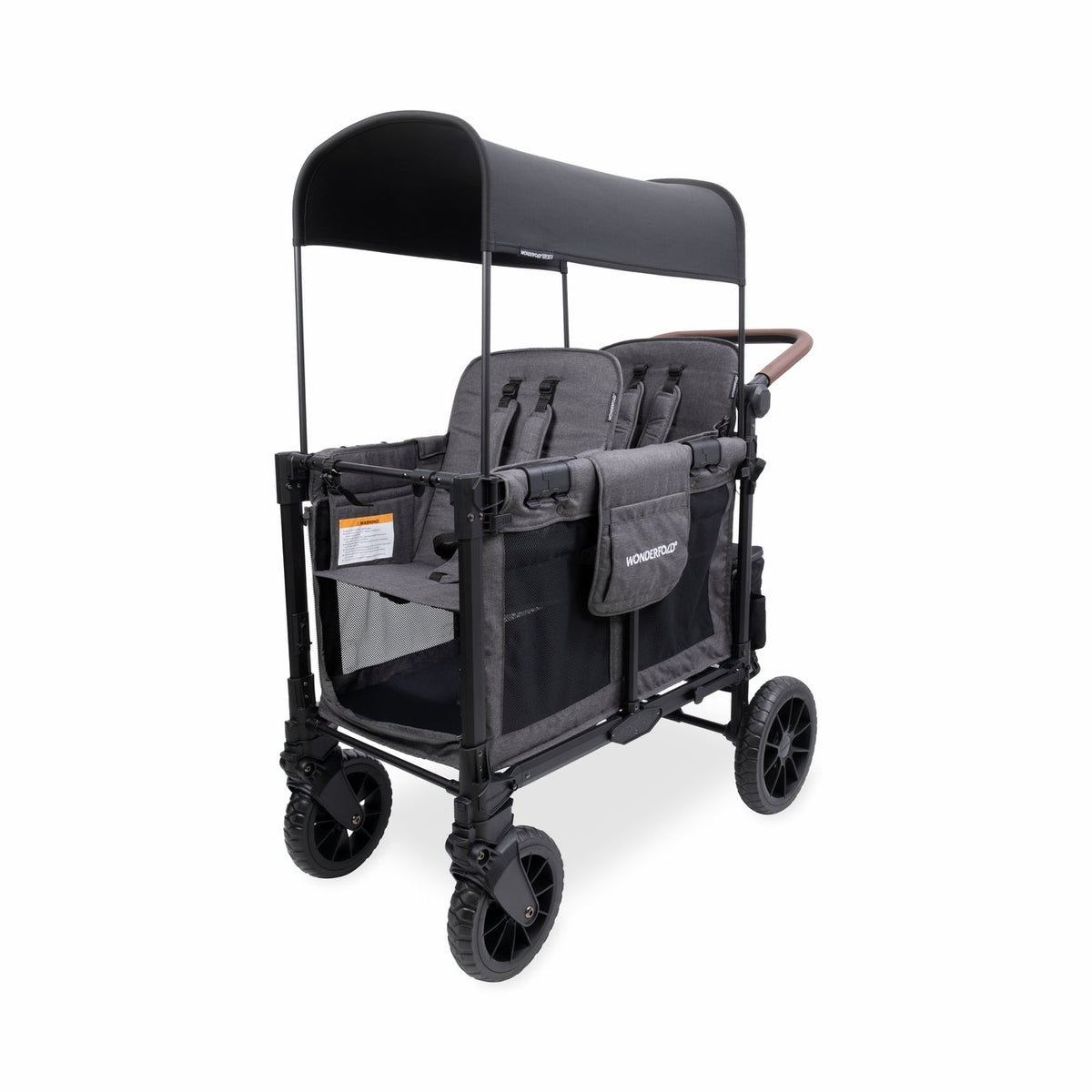 Black and gray stroller with canopy on a white background