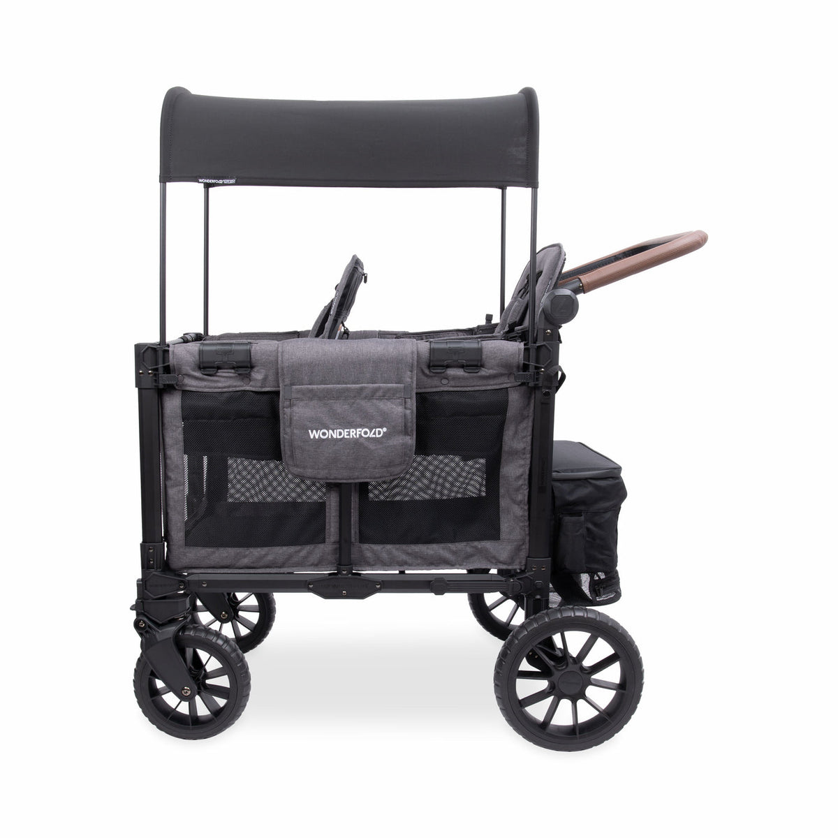 Black and gray stroller wagon with canopy on a white background