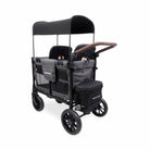 Black and gray stroller with canopy on a white background