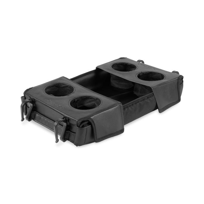 Black car cup holder organizer with multiple compartments on a white background