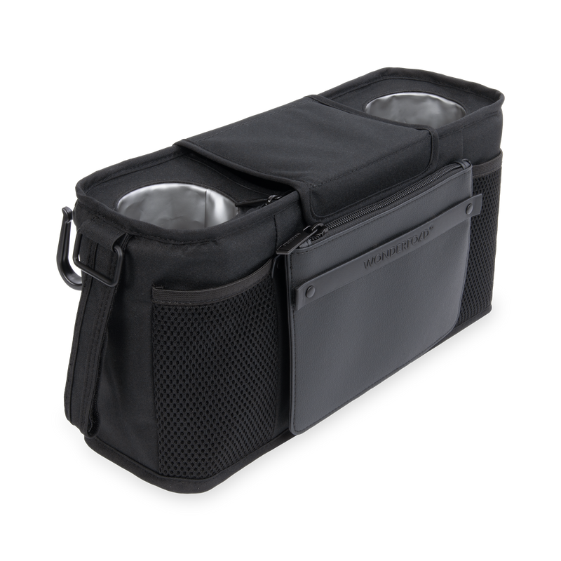 Black car cup holder organizer with two stainless steel cups on a white background
