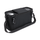 Black pet travel bag with two bowls on a white background