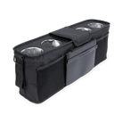 Black pet travel carrier with stainless steel bowls on a white background