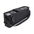Black carrying case with compartments for dog bowls on a white background