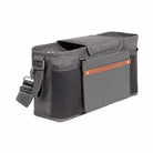 Gray organizer bag with brown accents on a white background