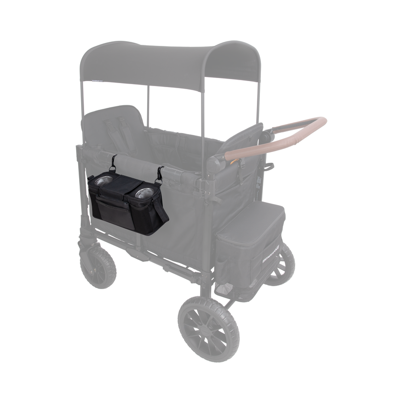 Gray stroller with a black storage bag attached on a white background