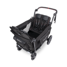 Black stroller with reclined seat on a white background