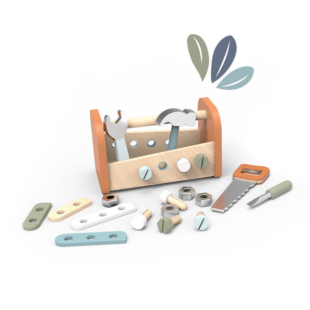Wooden toy toolbox with tools and hardware on a white background