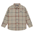 Beige plaid shirt with button details on a white background