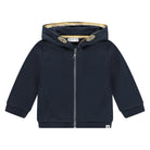 A navy blue zip-up hoodie jacket for toddlers, featuring a full-length front zipper, adjustable toggle closures on the hood, ribbed cuffs, and a small white brand tag near the bottom hem.