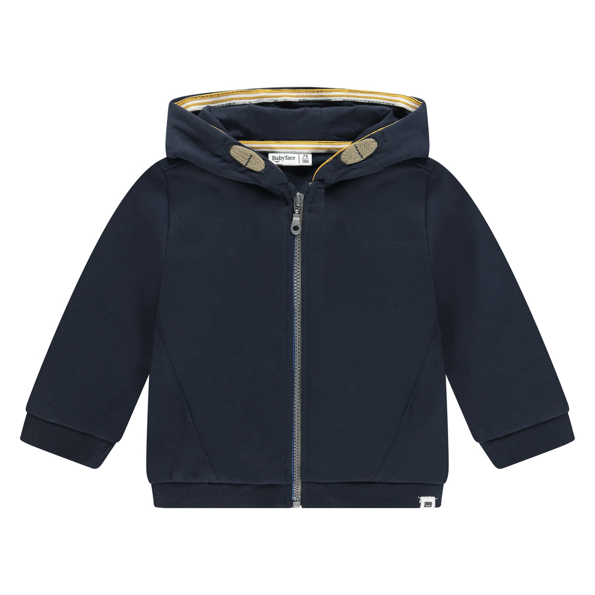 A navy blue zip-up hoodie jacket for toddlers, featuring a full-length front zipper, adjustable toggle closures on the hood, ribbed cuffs, and a small white brand tag near the bottom hem.