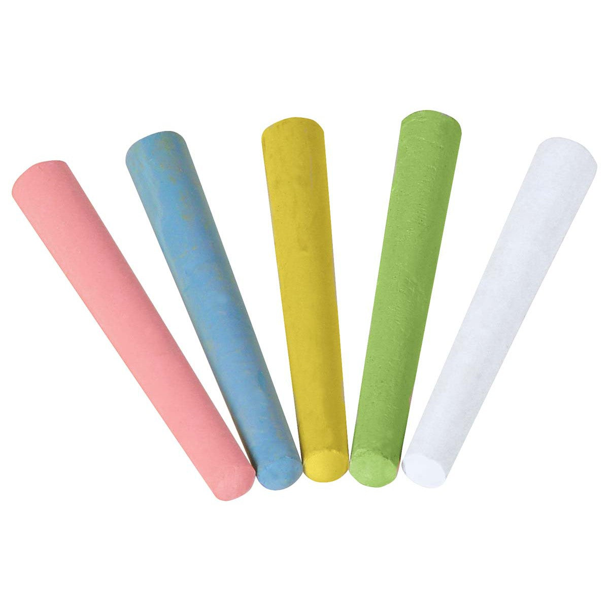Five colorful pieces of chalk on a white background