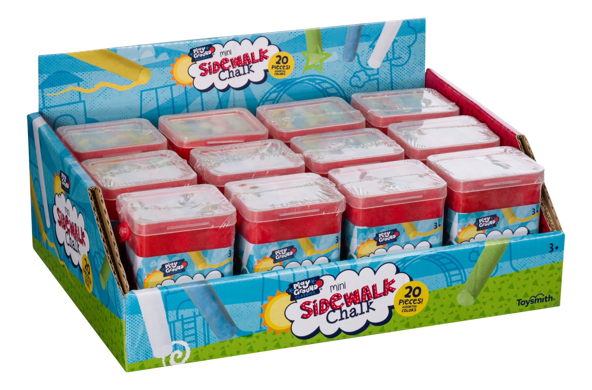Display box of Toysmith sidewalk chalk with colorful packaging.