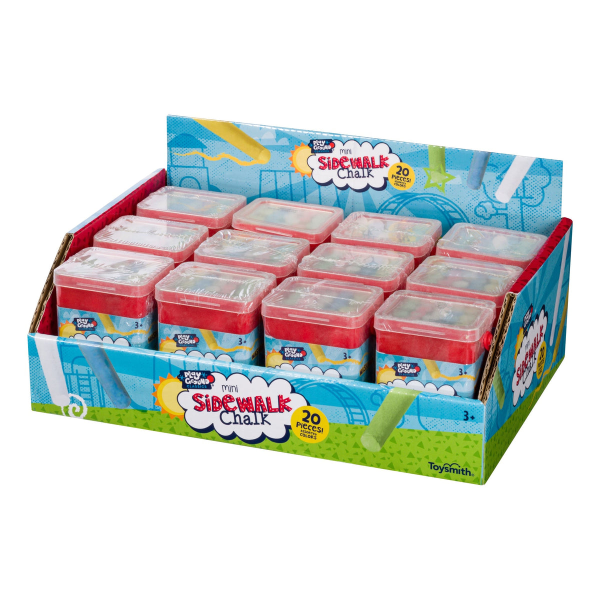 Display box of sidewalk chalk with multiple containers on a white background