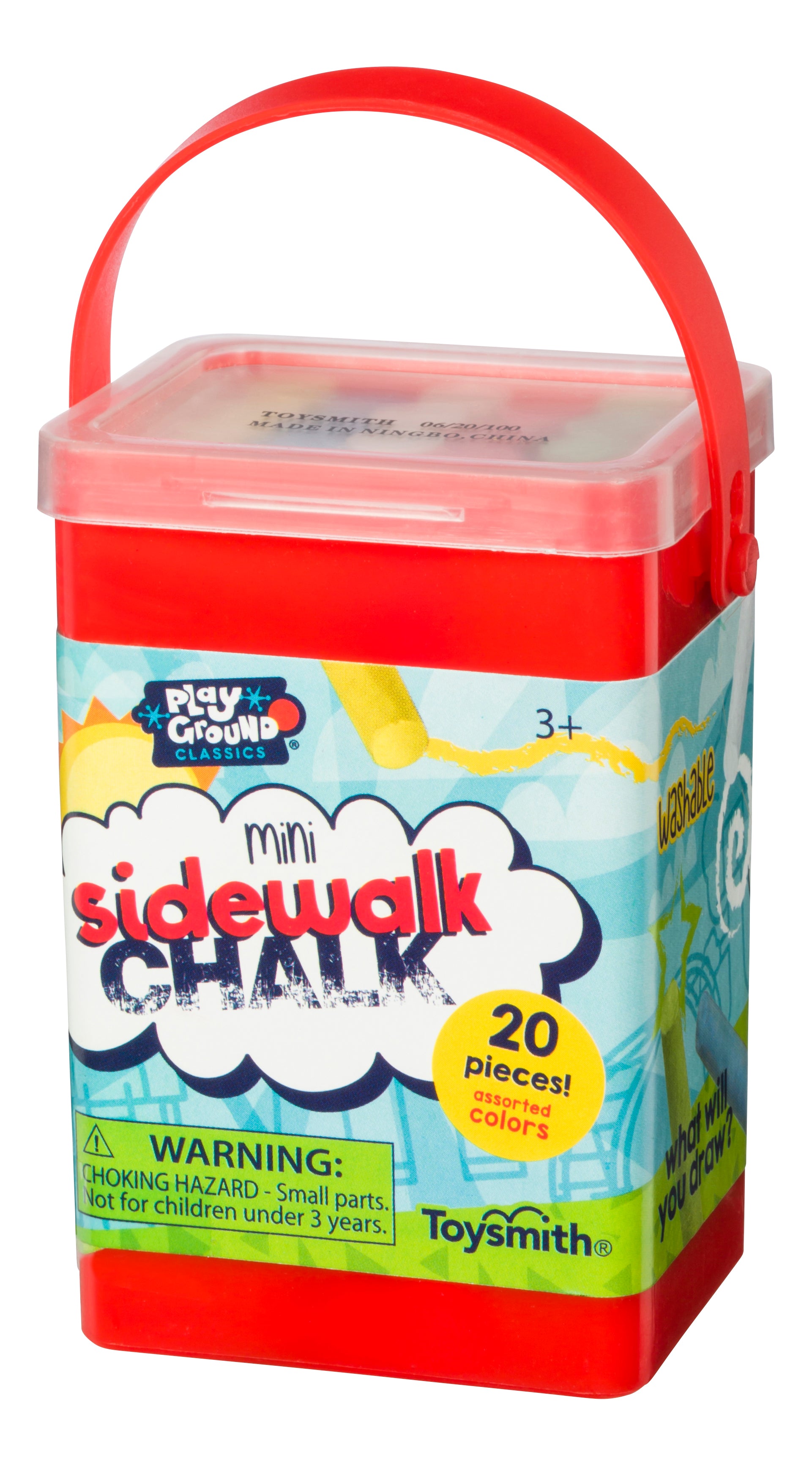 Red container of mini sidewalk chalk with colorful label on a white background