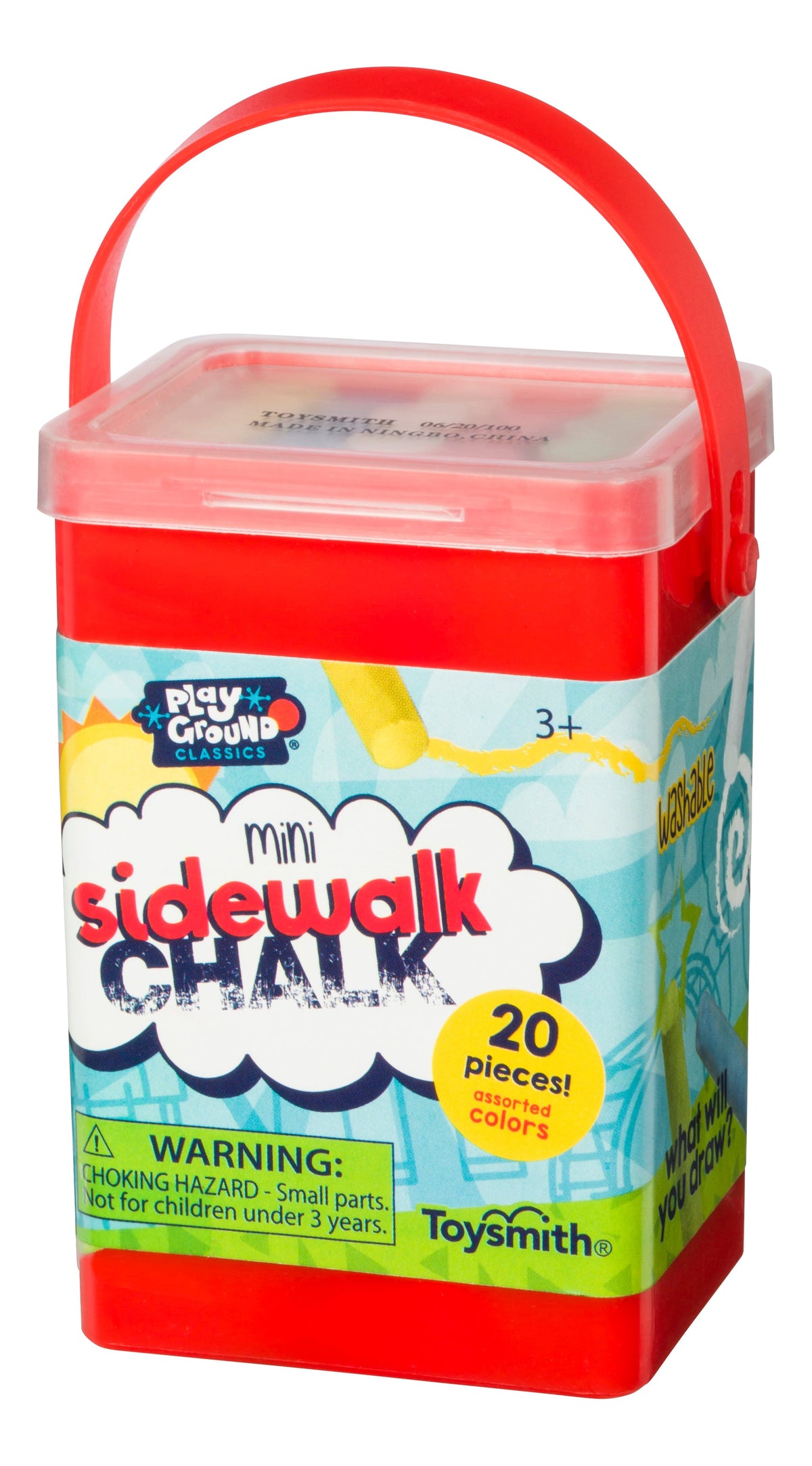Red container of mini sidewalk chalk with colorful label on a white background