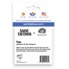 Saint Tattoos Pups temporary tattoo packaging card by Allie Ogg, featuring product information, a barcode, and branding on a white background.