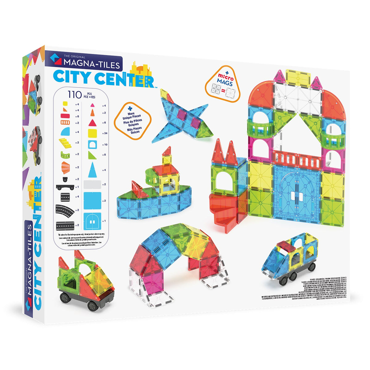 Magna-Tiles City Center toy set packaging with colorful building blocks and toys on a white background