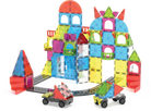 Colorful magnetic building blocks set with a truck on a white background