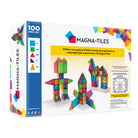 The product box for the Classic Clear Colors 100-Piece Set by Magna-Tiles, featuring a vibrant display of magnetic tile figures and a breakdown of included shapes against a white and blue background.