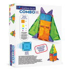 Product packaging and built model of the microMAGS 20 Piece Combo Set by Magna-Tiles, featuring a colorful, tall magnetic tower structure built with both standard-sized and micro-sized translucent tiles alongside its retail box.