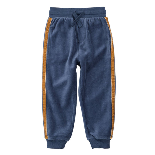 Blue Velour Joggers with Retro Stripe by miles the label.