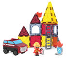 Toy fire station set with building blocks, a fire truck, and a firefighter figure on a white background