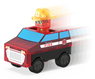 Toy fire truck with a firefighter figure on top against a white background