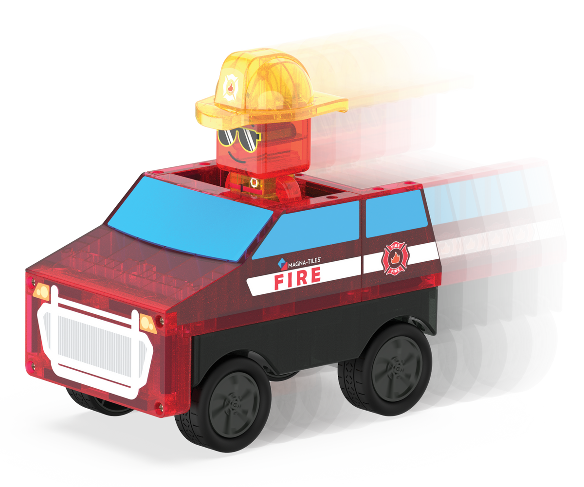 Toy fire truck with a firefighter figure on top against a white background