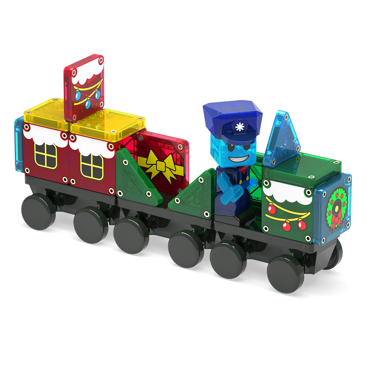 Colorful toy train set with a character figure on a white background