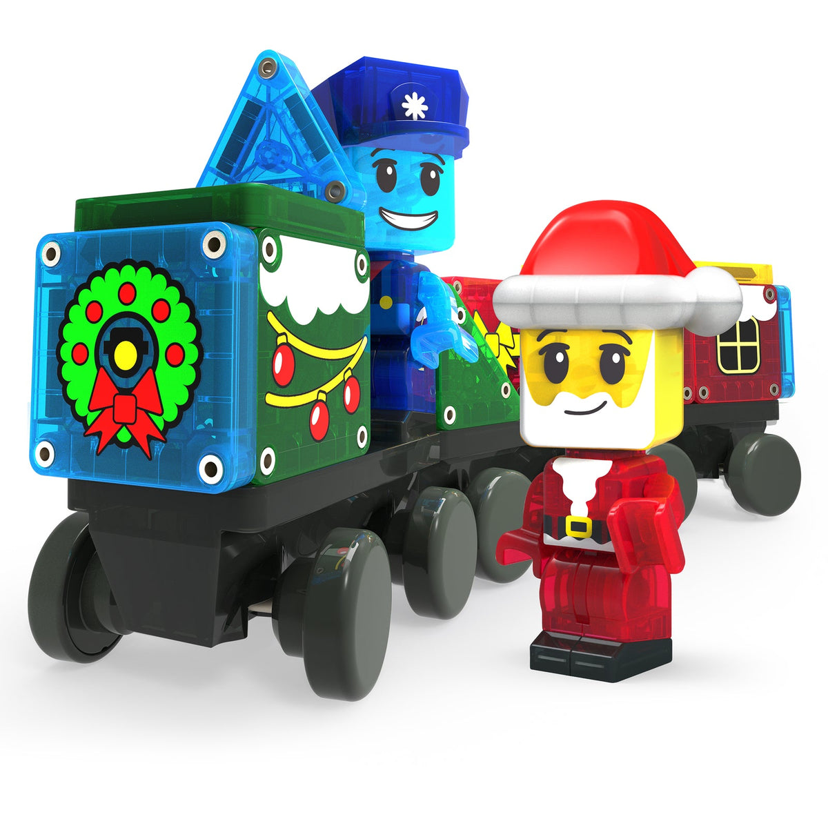 Toy train set with a blue engine, green car, and Santa figure on a white background