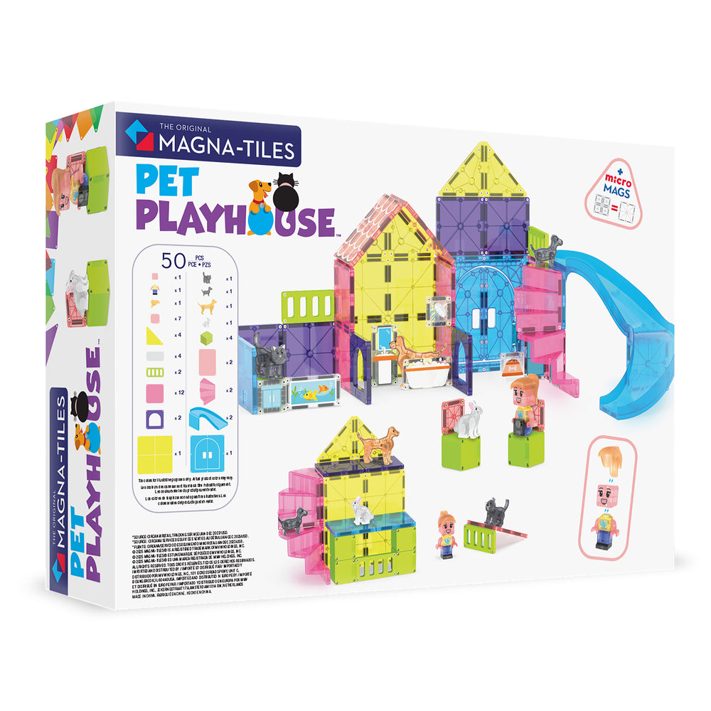 Magna-Tiles Pet Playhouse toy set packaging with colorful building blocks and playhouse design.