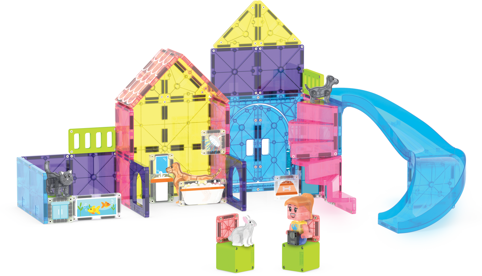 Colorful toy building set with a slide on a white background