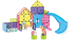 Colorful toy building set with a slide on a white background