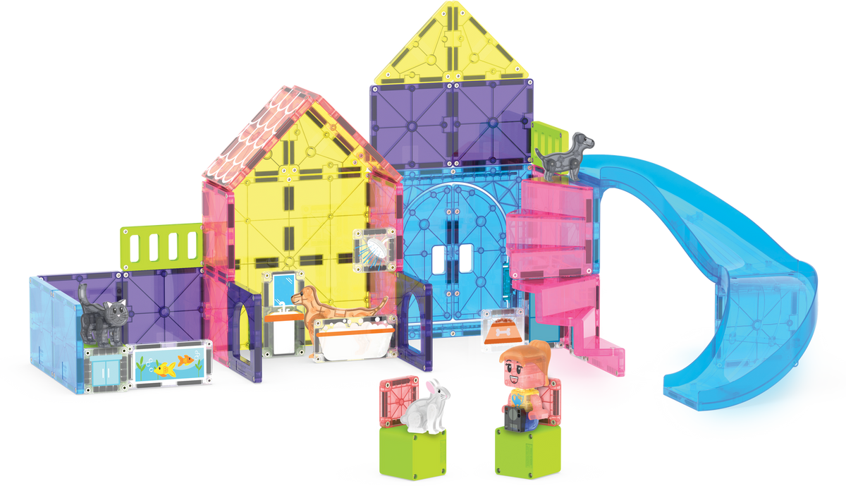 Colorful toy building set with a slide on a white background