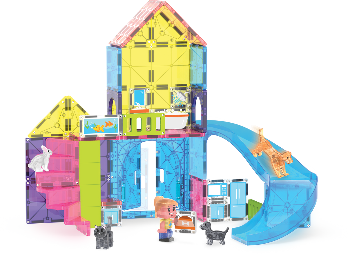 Colorful toy building set with a slide and characters on a white background