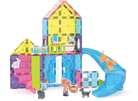 Colorful toy building set with a slide and characters on a white background